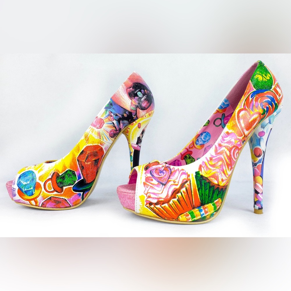 Iron Fist, Stiletto heel, Peep toe, Pump, Yellow Pink, Glitter Candy Skulls 39